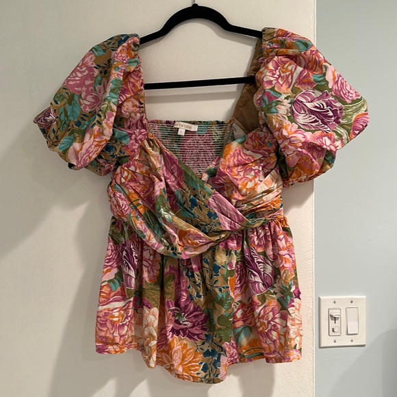 Love the Label Cotton Floral Peplum Puff Sleeve Blouse - Picture 1 of 4